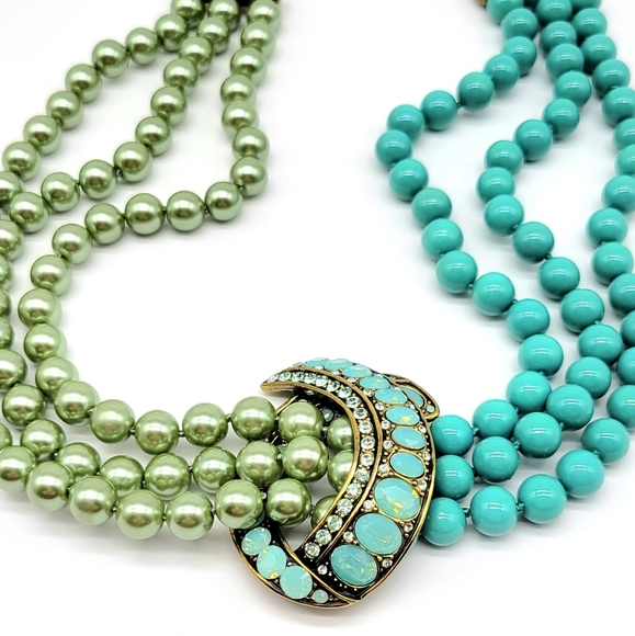 Heidi Daus Rare 80s Vintage Half Pearl Half Turquoise Choker w/ Crystal Pendant - Picture 4 of 11